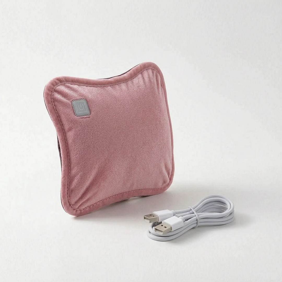 USB heated hand warmer pouch in Pink with USB cable