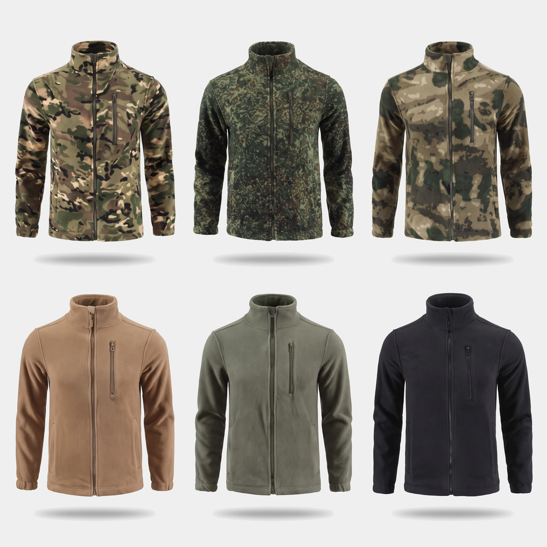 All six colorways of the men's fleece jacket including three camo patterns