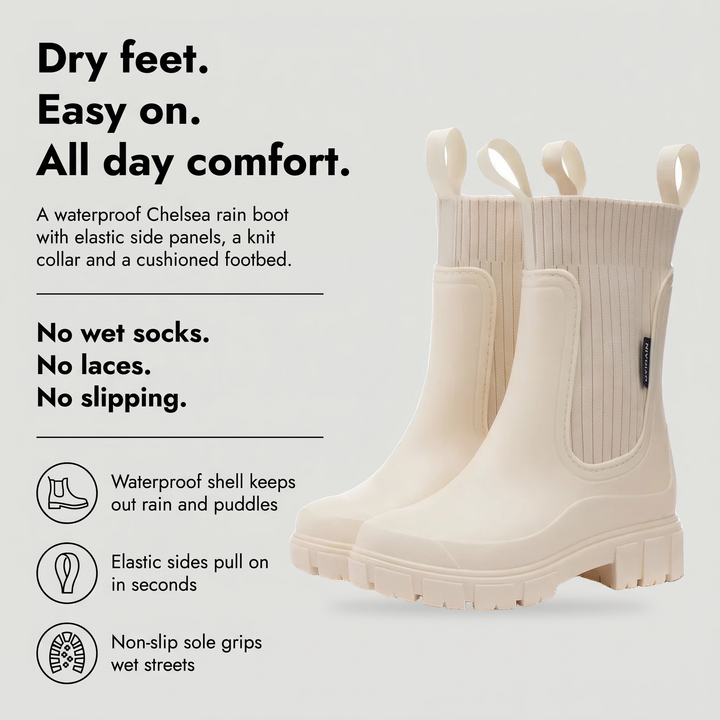 Waterproof Chelsea rain boot with elastic sides, knit collar and non-slip sole