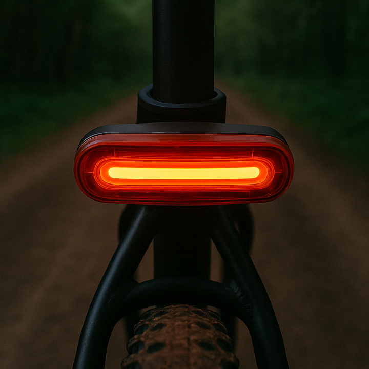 Rear bike light glowing red on a seat post on a forest track