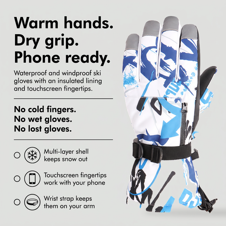 Waterproof ski gloves with touchscreen fingertips and wrist strap