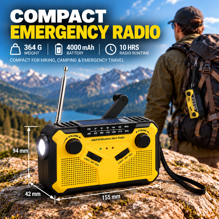 Compact wind up radio, 155 x 94 x 42 mm, 364 g, 4000 mAh battery and 10 hours radio run time