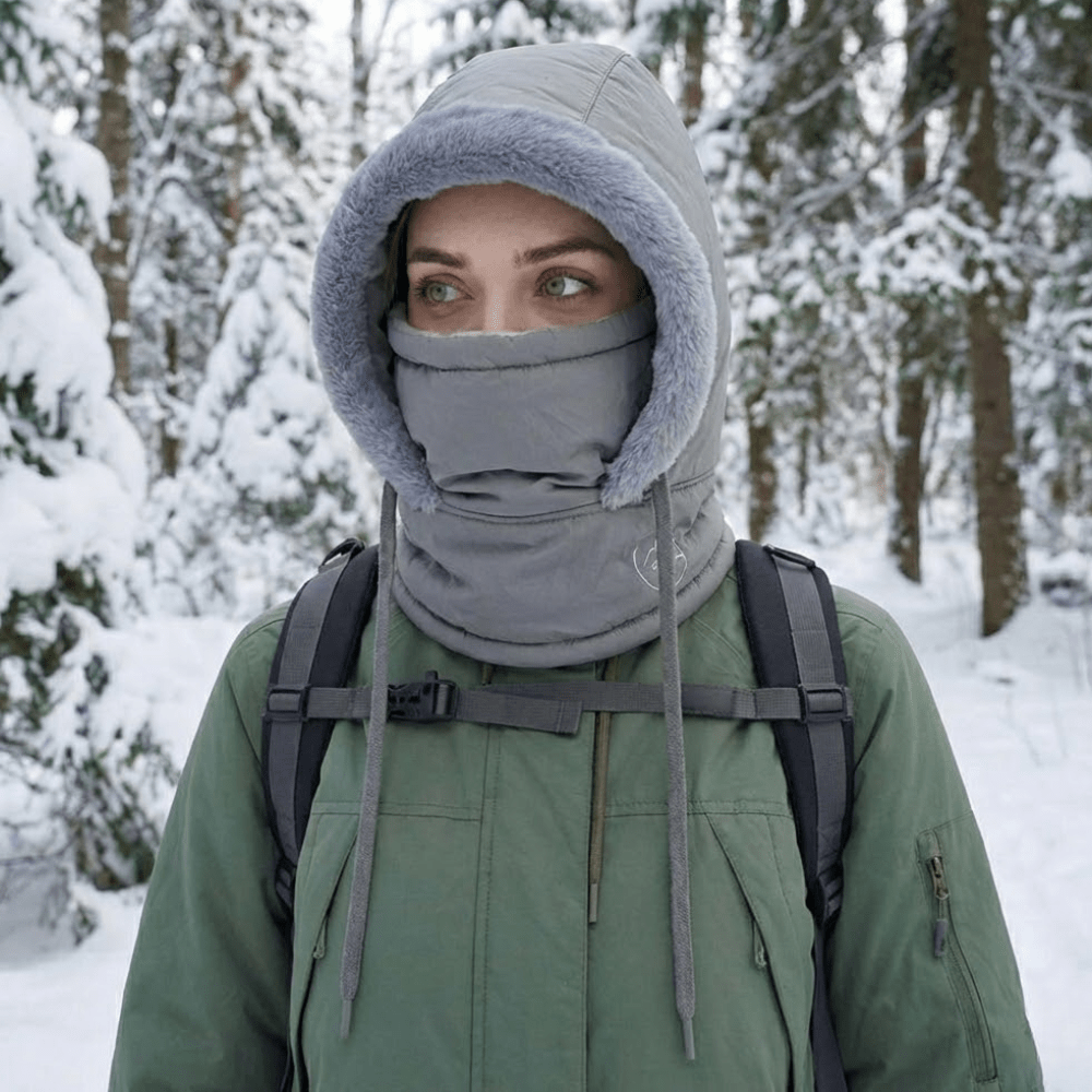 Hiker in the snow wearing the dark gray hooded balaclava with the mask up