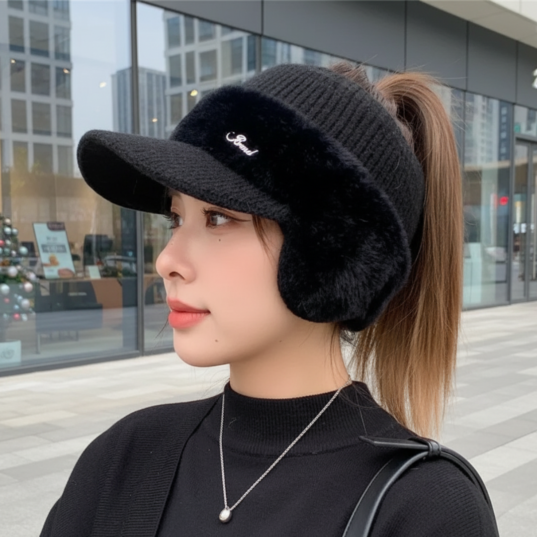 Woman wearing the black ponytail beanie with plush ear warmers