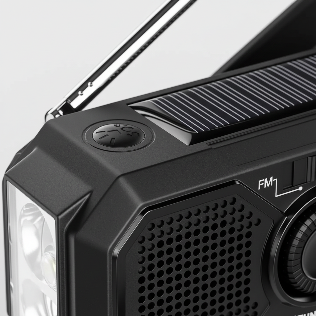 Close-up of the pocket radio solar panel, flashlight and speaker grille