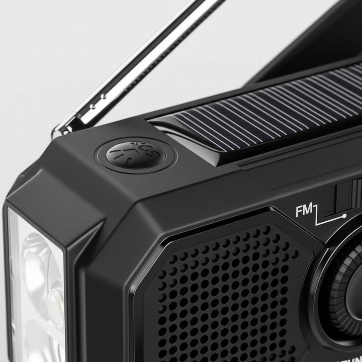 Close-up of the pocket radio solar panel, flashlight and speaker grille