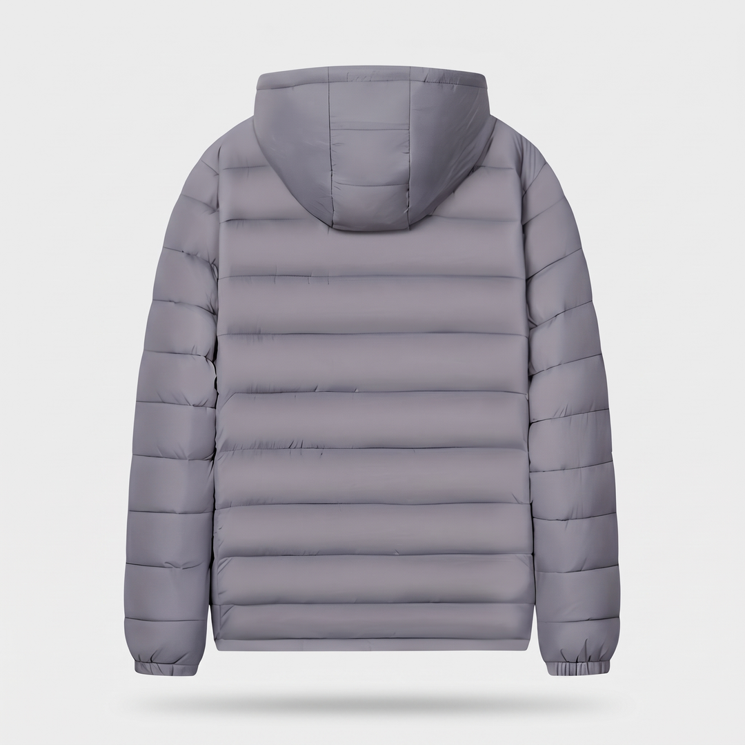 Back of the Gray men's hooded puffer jacket with quilted hood