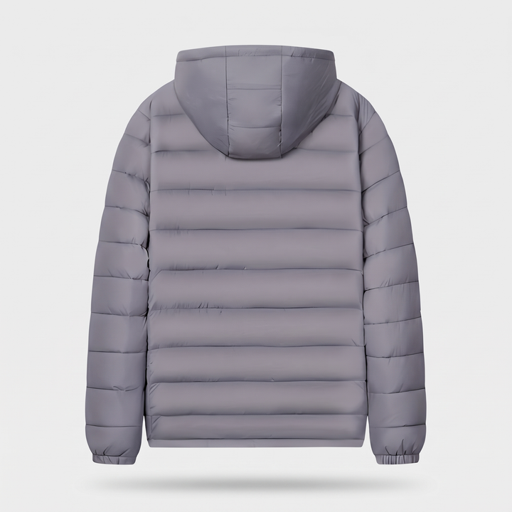 Back of the Gray men's hooded puffer jacket with quilted hood