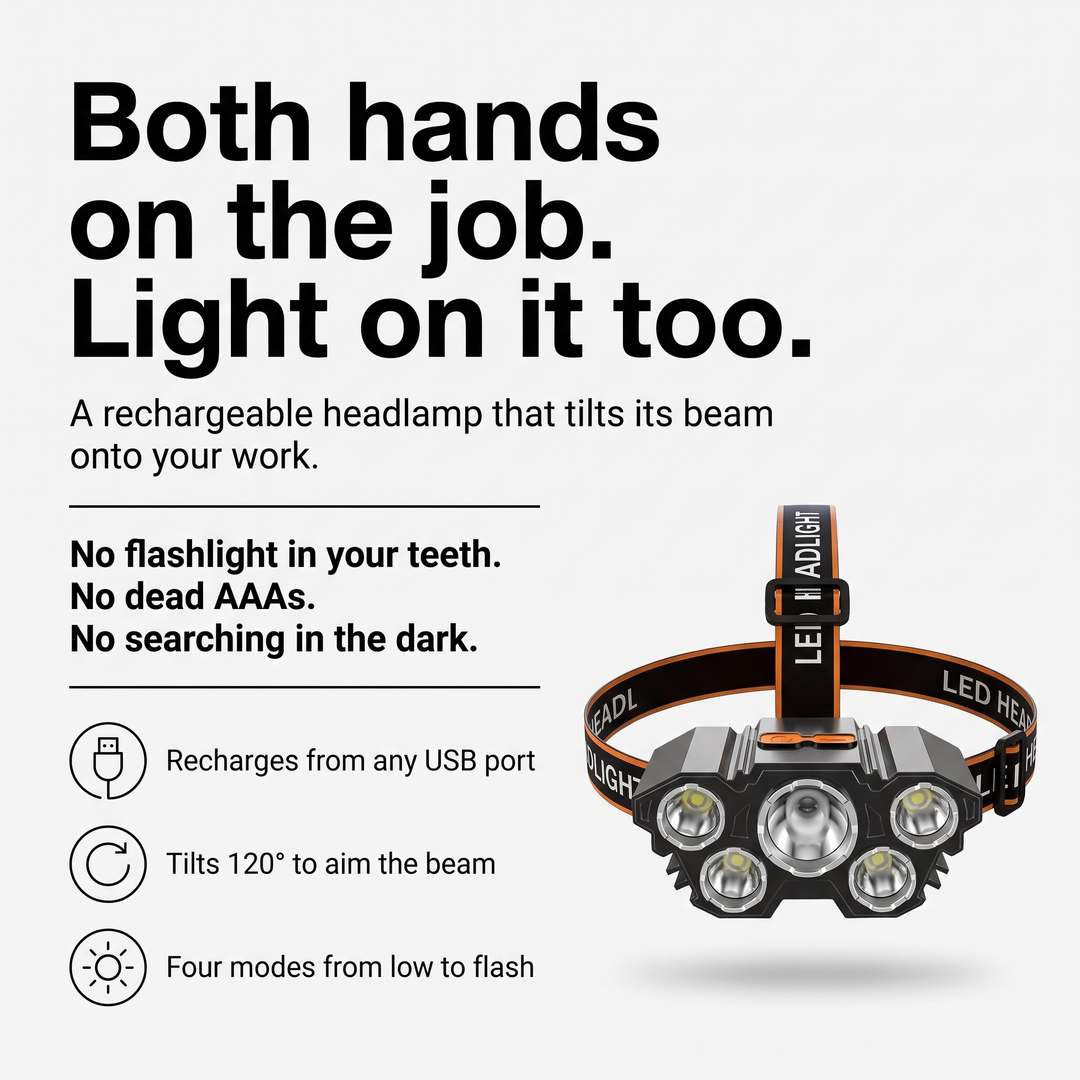 Rechargeable headlamp infographic showing USB charging, 120 degree tilt and four modes