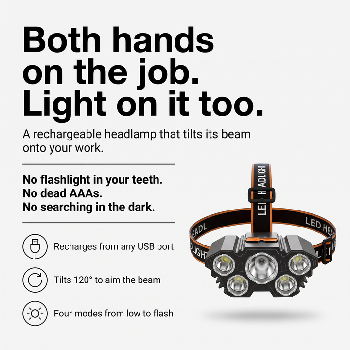 Rechargeable headlamp infographic showing USB charging, 120 degree tilt and four modes