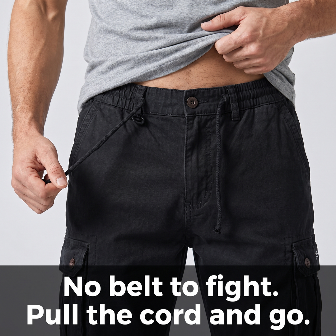 Close-up of the elastic drawcord waistband and fastened button on black cargo pants