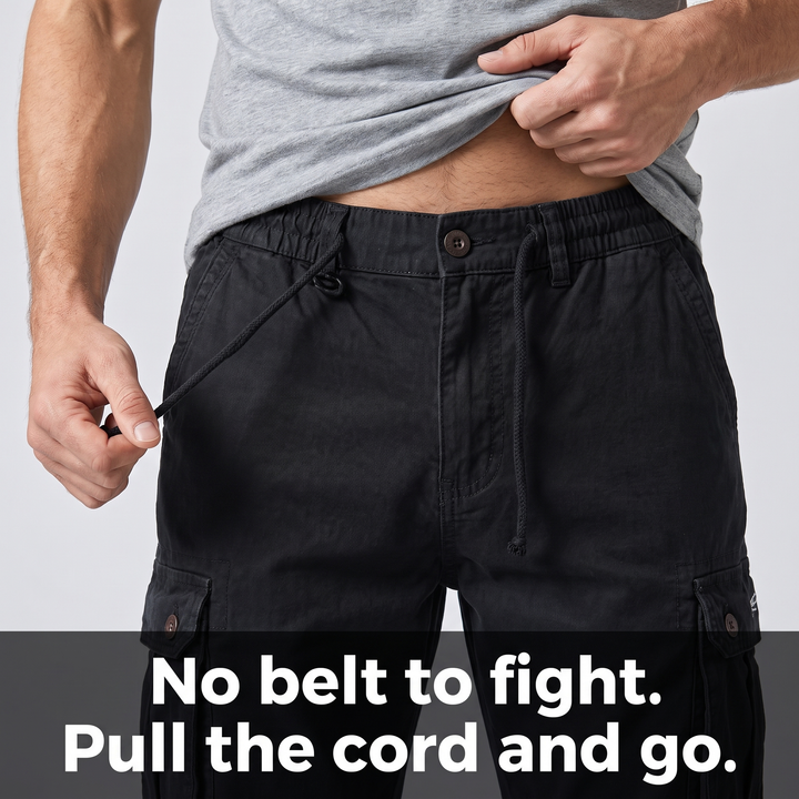 Close-up of the elastic drawcord waistband and fastened button on black cargo pants