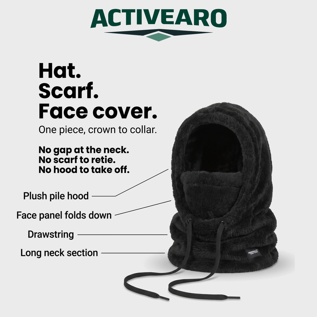 Hat, scarf and face cover in one: plush pile hood, fold-down face panel, drawstring, long neck section