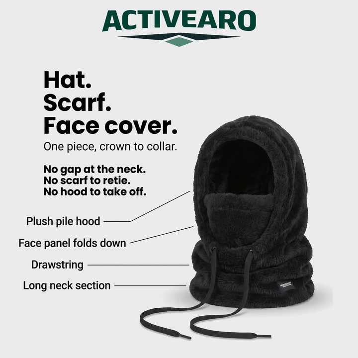 Hat, scarf and face cover in one: plush pile hood, fold-down face panel, drawstring, long neck section
