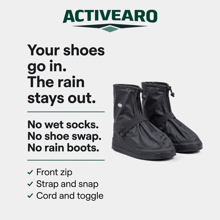 Your shoes go in, the rain stays out: front zip, strap and snap, cord and toggle