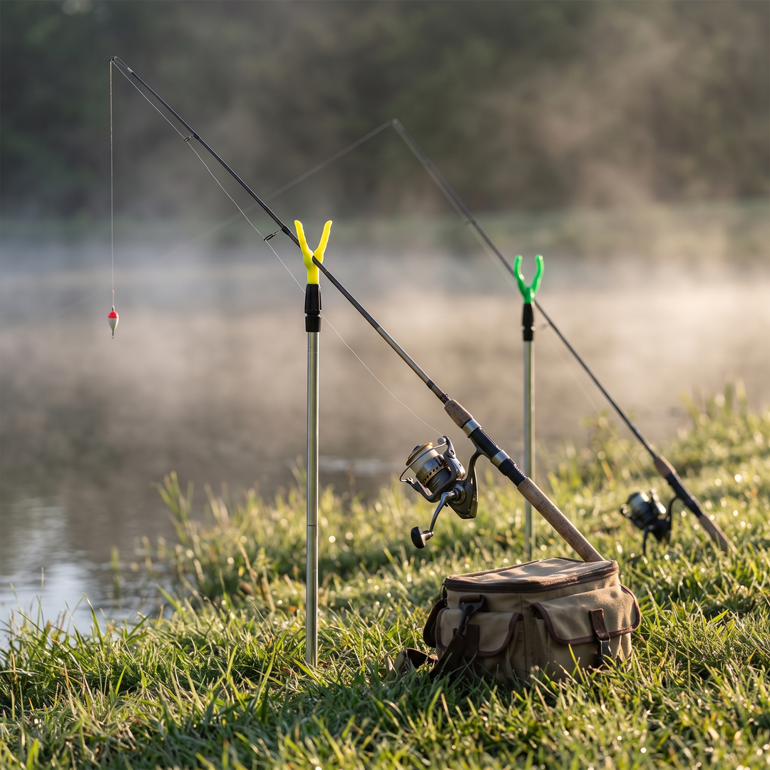 Rods resting on fishing rod holders at a pond at dawn