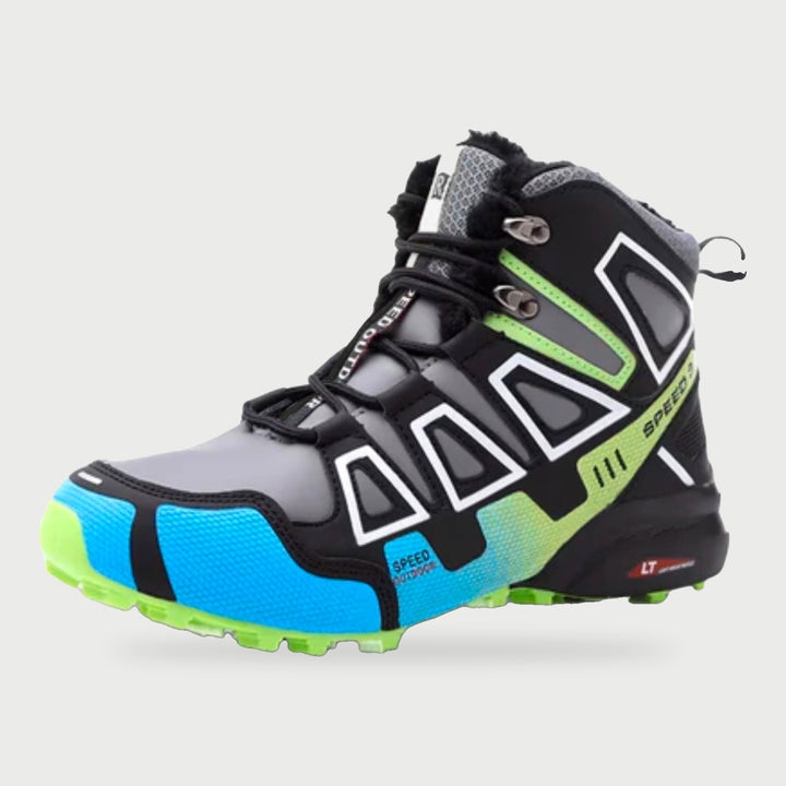 Winter hiking boots in Blue/Green with faux fur collar and treaded sole