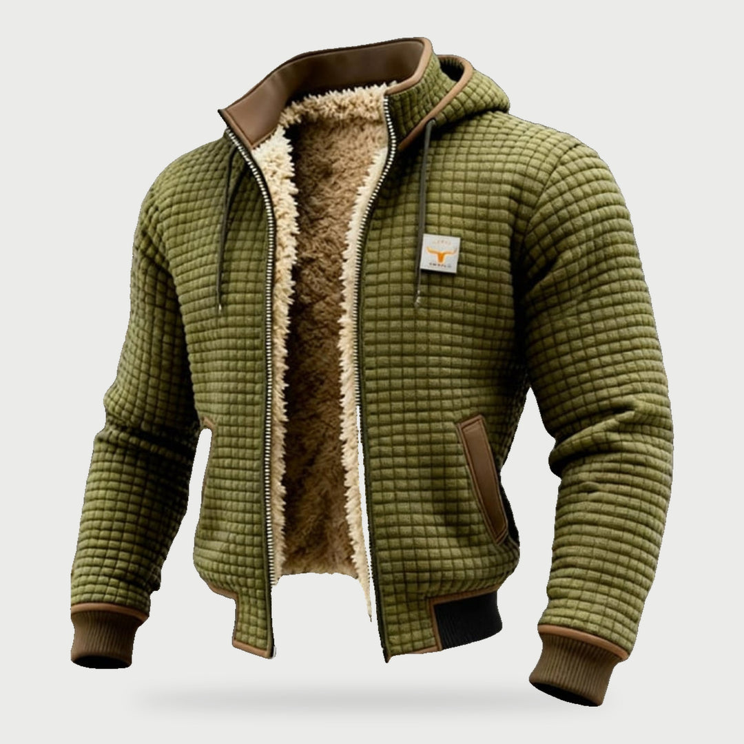 Men's olive green quilted jacket with sherpa lining and hood