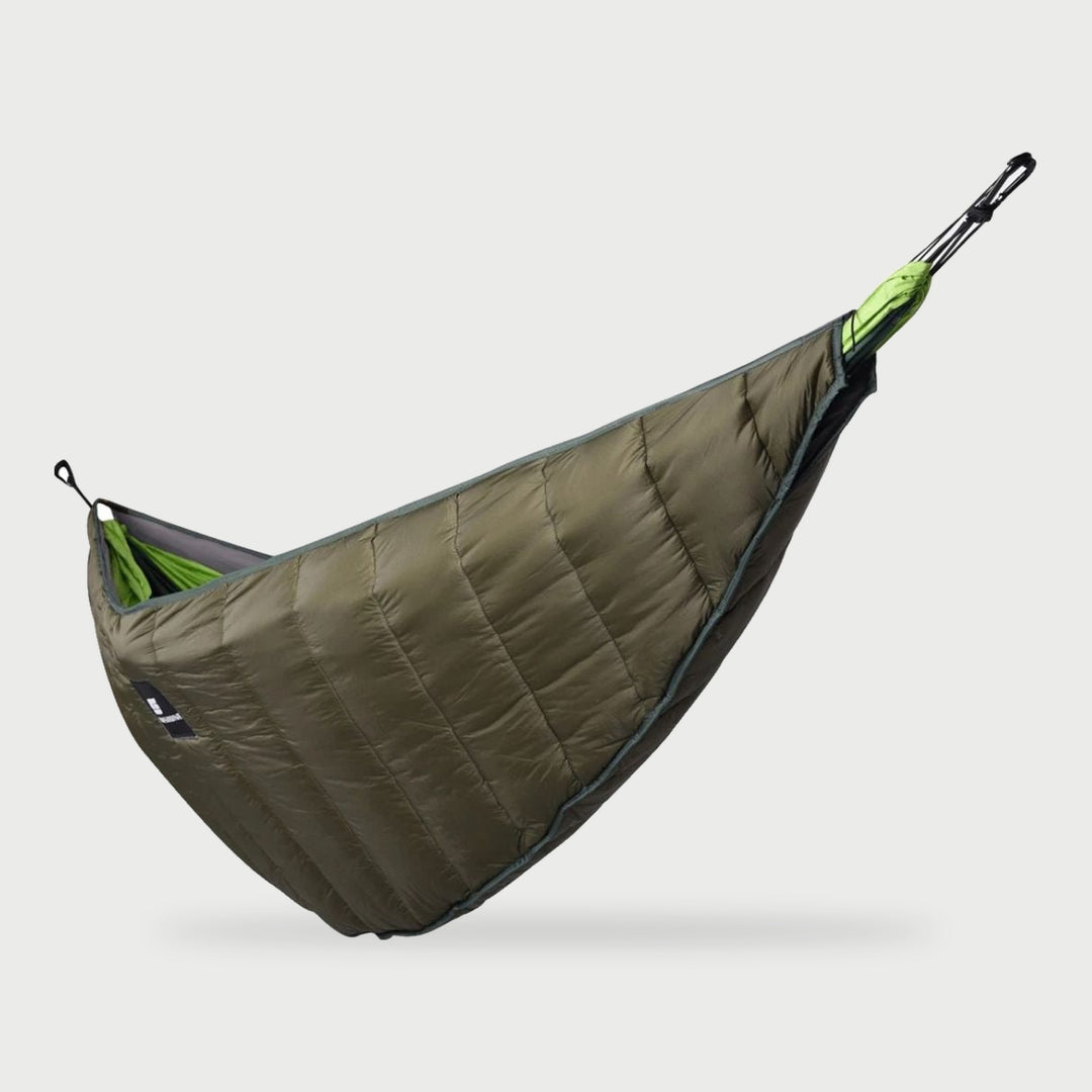 Side view of the quilted hammock underquilt with cords and clips