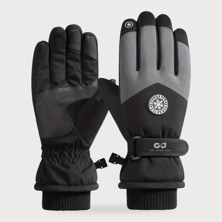 Waterproof snow gloves in Black with grey panels, palm and back