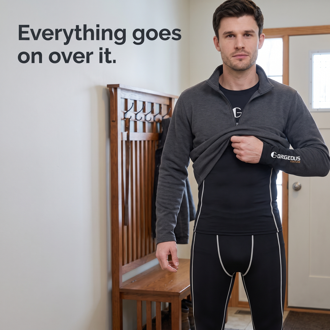 Man pulling a quarter-zip pullover on over the base layer top: everything goes on over it