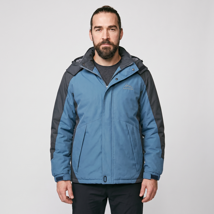 Man wearing the men's winter jacket in Sky Blue