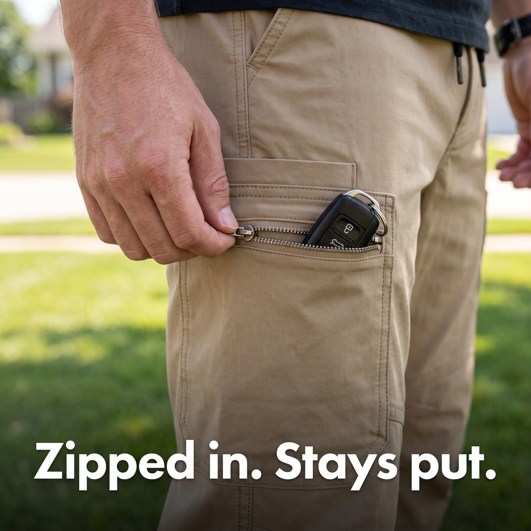 Hand zipping car keys into the zippered thigh pocket of the cargo pants