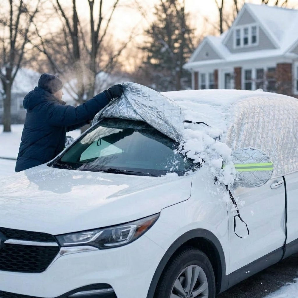 Pulling the car snow cover off the windshield in the morning