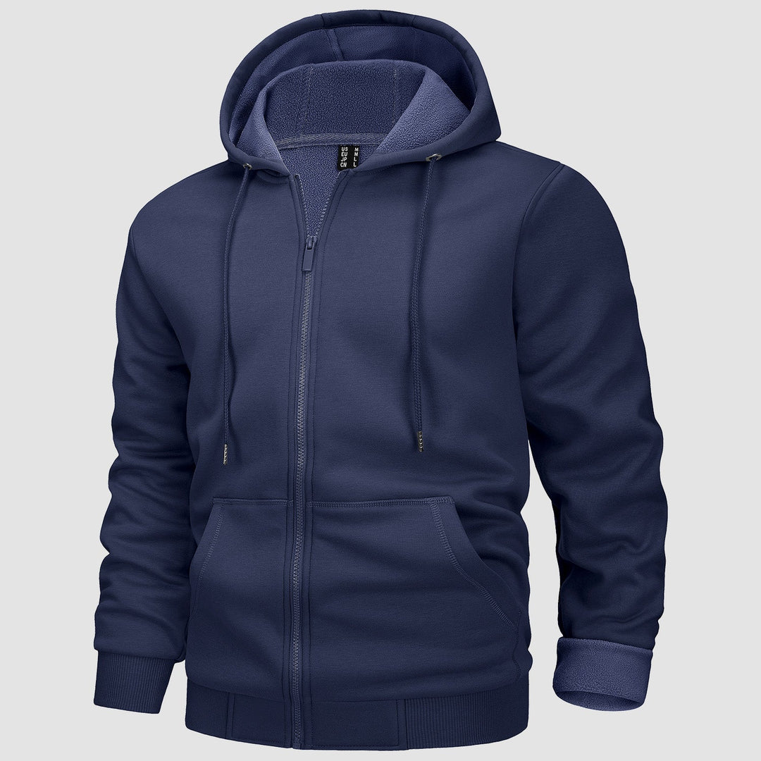 Men's zip up hoodie in Navy, front view