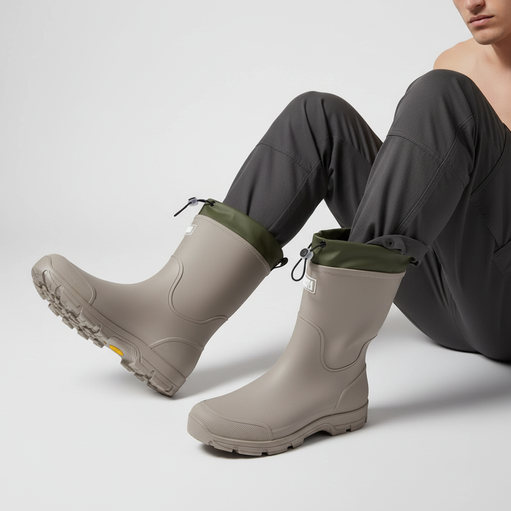 Men's waterproof rain boots in Taupe with olive drawcord collar