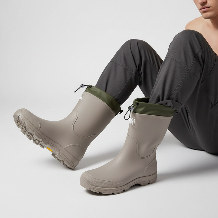 Men's waterproof rain boots in Taupe with olive drawcord collar