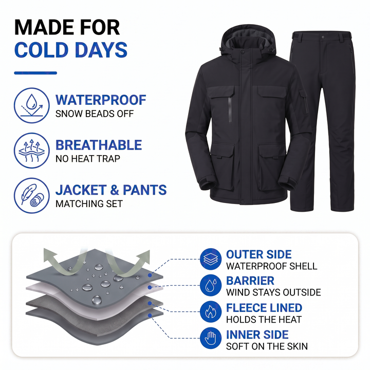 Men's ski suit layers with waterproof shell and fleece lining
