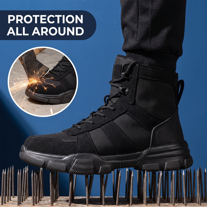 Man wearing the black steel toe tactical boots standing on nails