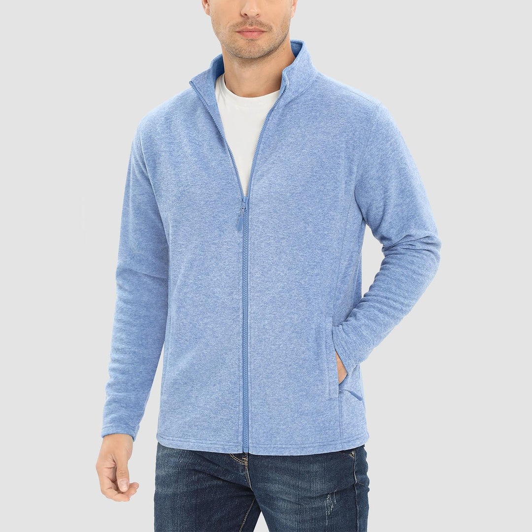 Men's full zip fleece jacket in Light Blue, worn, front view
