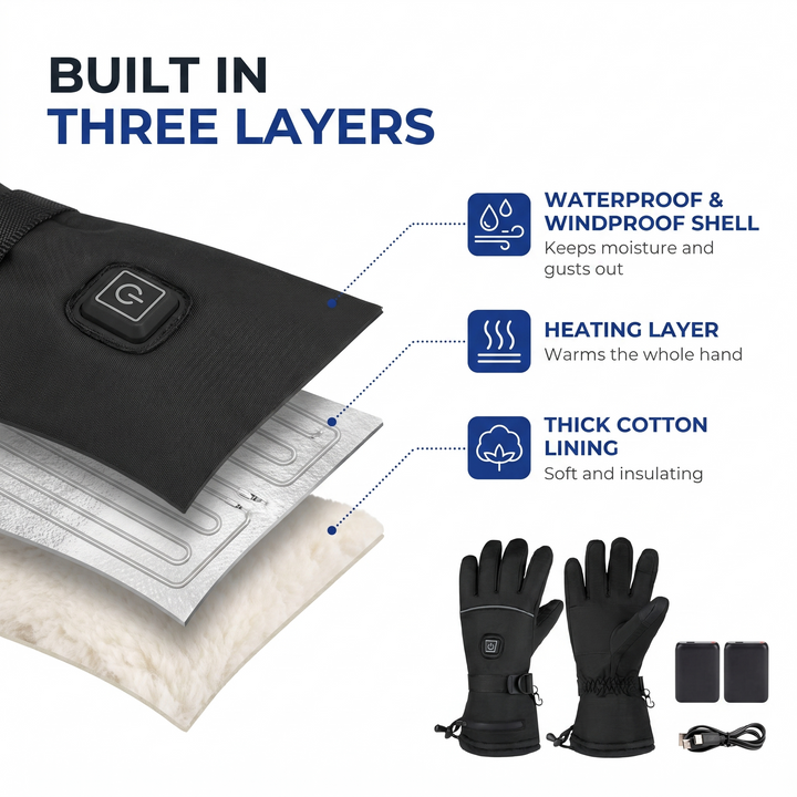 Heated gloves built in three layers: waterproof windproof shell, heating layer, cotton lining