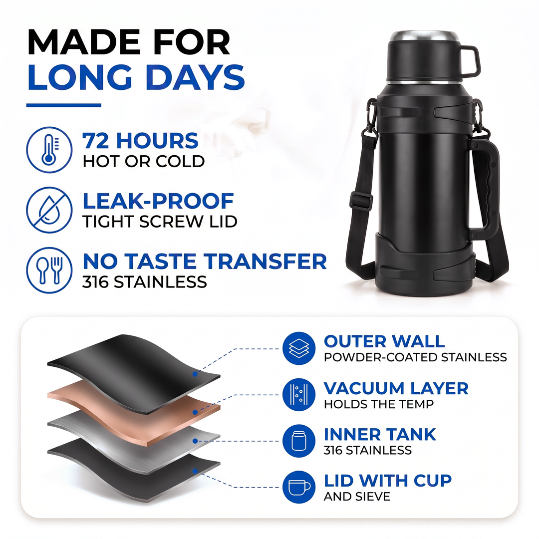 Large thermos with 72 hour insulation leak-proof screw lid and layered wall