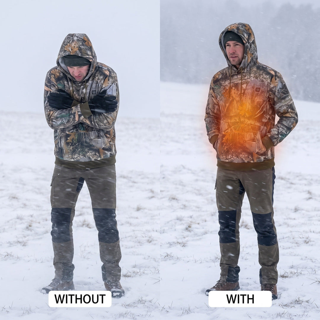 Camo heated hoodie in the snow without and with the heat switched on