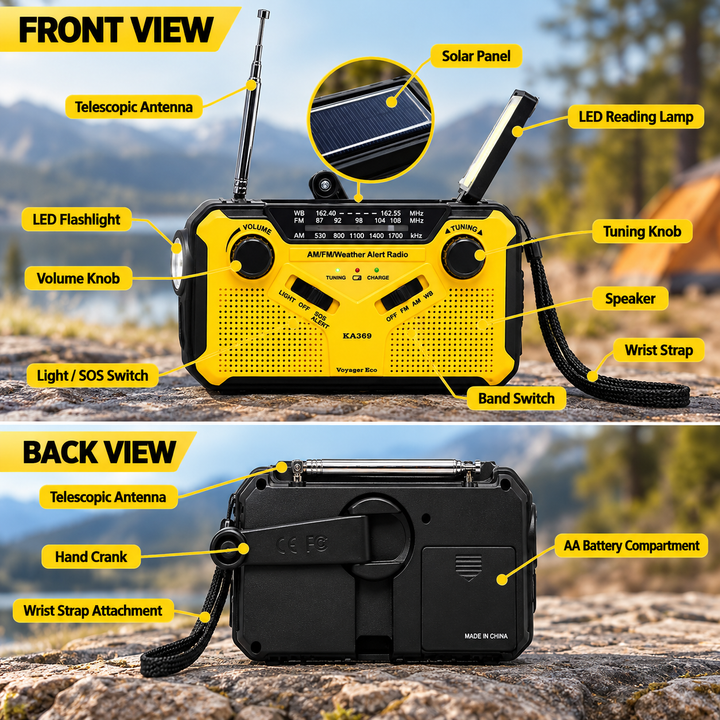 Front and back view of the wind up radio with antenna, solar panel, reading lamp, flashlight, knobs, crank and battery compartment