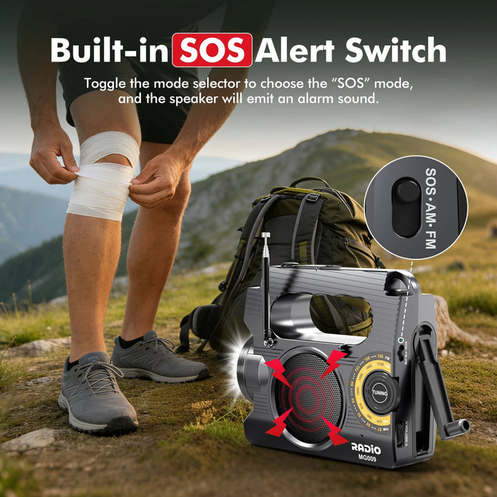 SOS alert switch on the solar radio turns the speaker into an alarm on the trail