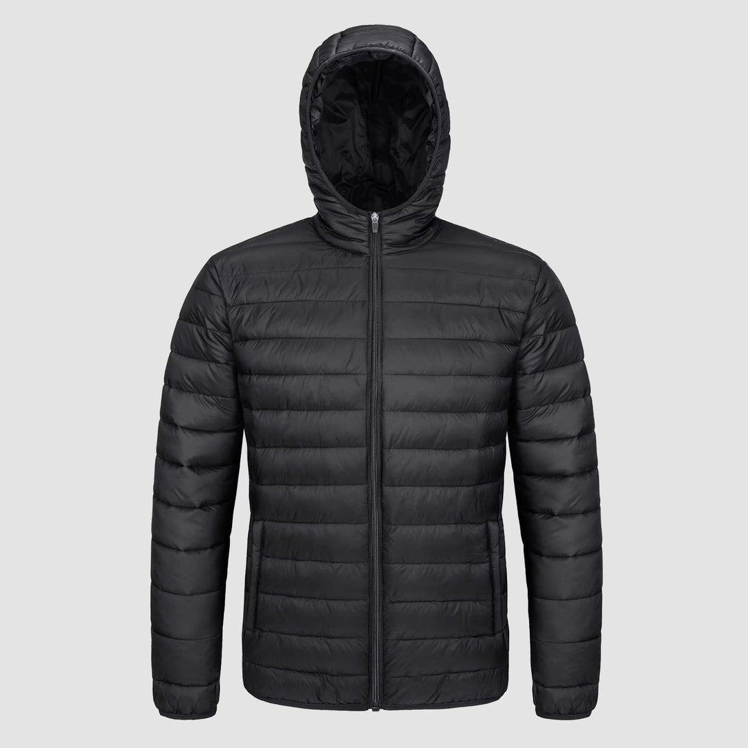 Men's hooded puffer jacket in Black, front view