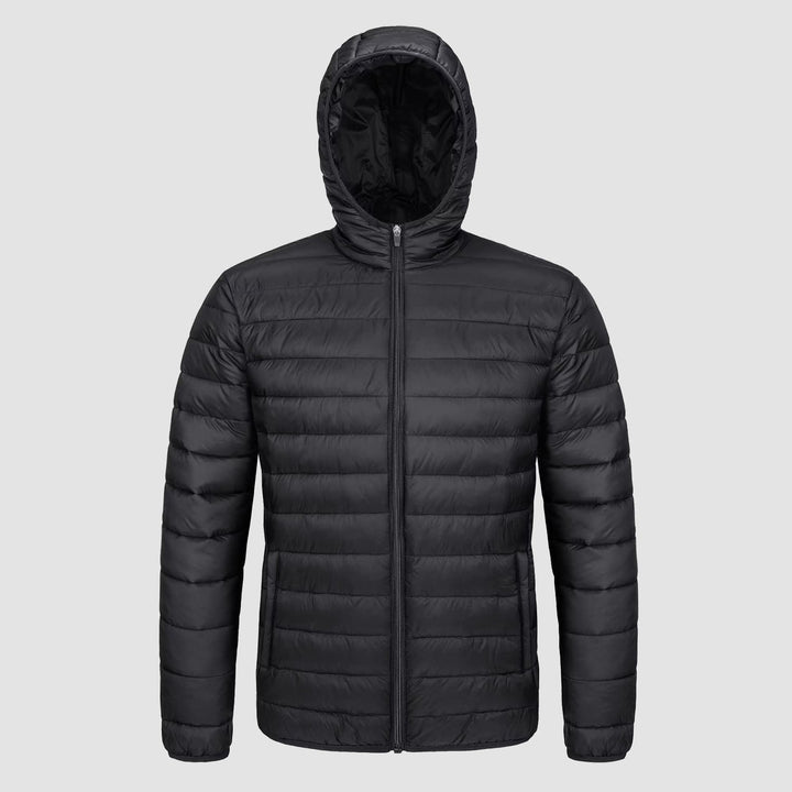 Men's hooded puffer jacket in Black, front view