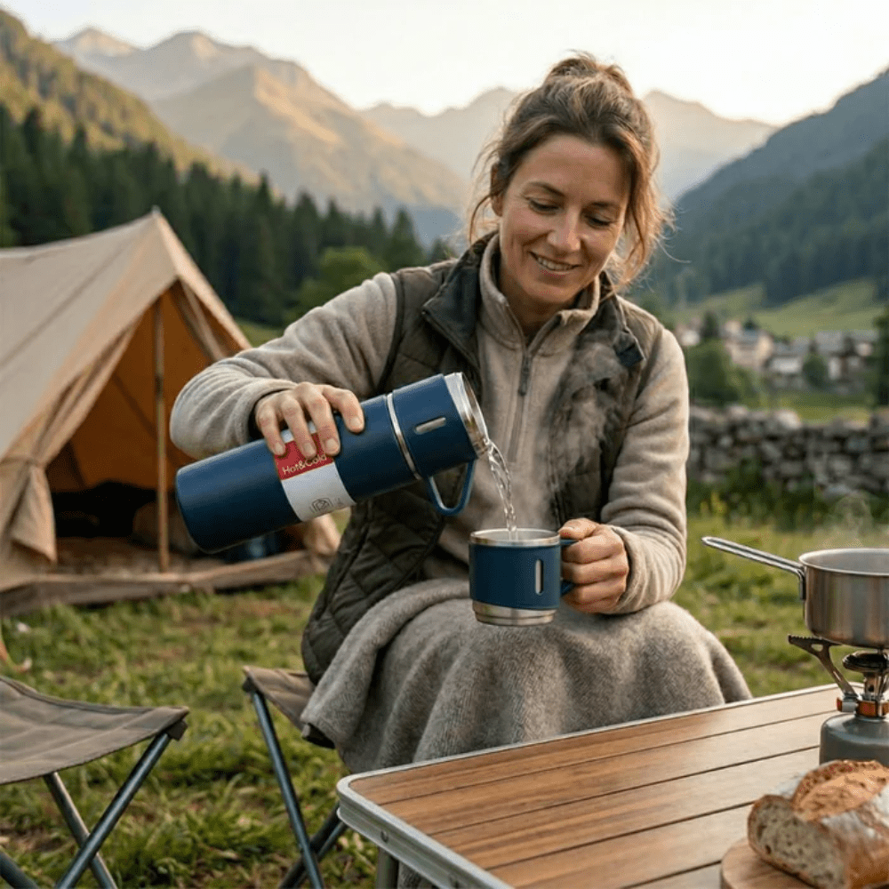 Woman pouring coffee from the vacuum flask in Petrol Blue at a mountain campsite