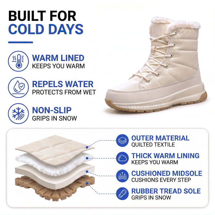 Winter boot layers: quilted textile, thick warm lining, cushioned midsole, rubber tread sole