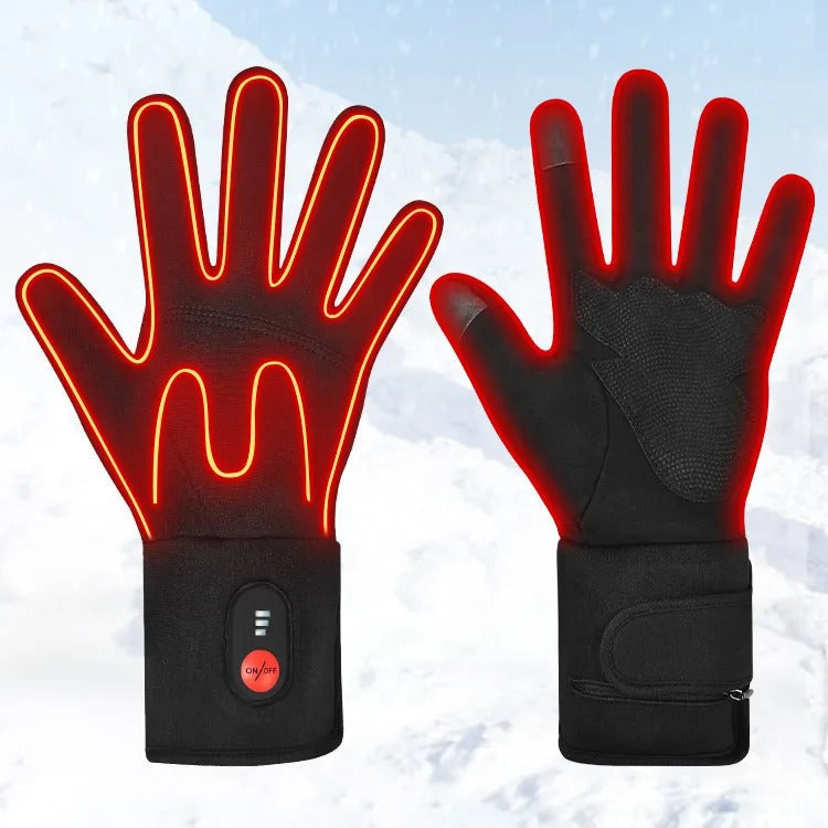 Heating elements along the fingers and back of the hand in the heated glove liners