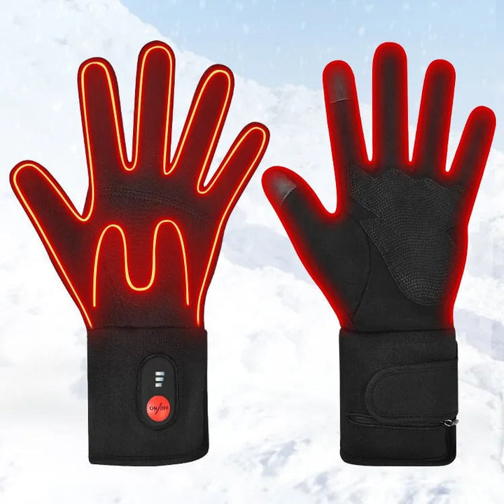 Heating elements along the fingers and back of the hand in the heated glove liners