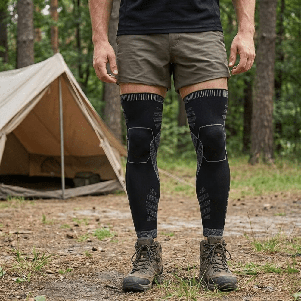 Hiker at a campsite wearing full length compression leg sleeves under shorts
