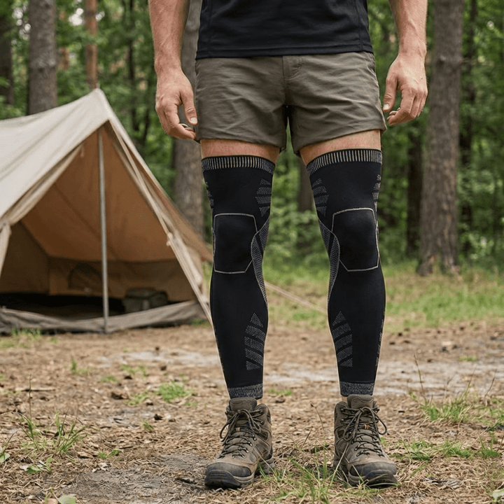 Hiker at a campsite wearing full length compression leg sleeves under shorts