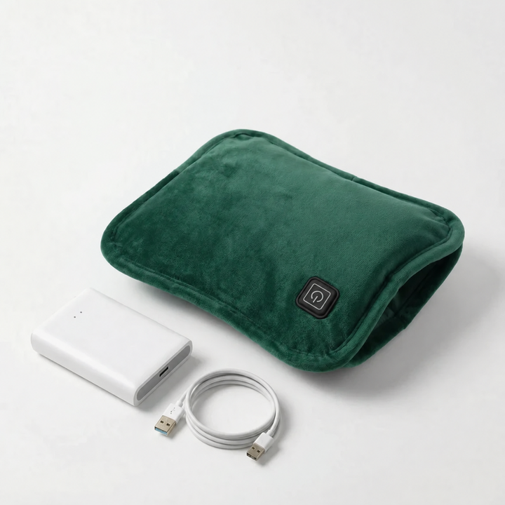 Green hand warmer pouch with power bank and USB cable