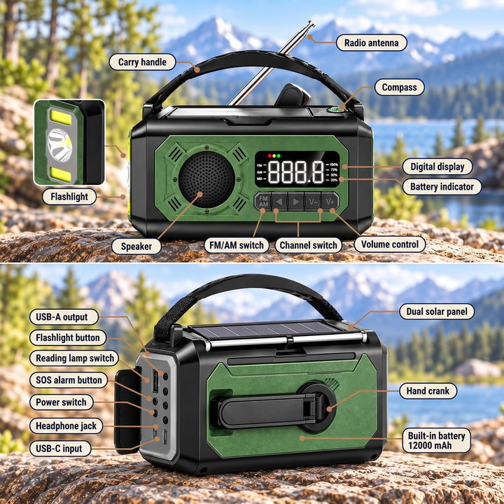 Weather radio parts labeled: carry handle, antenna, compass, flashlight, digital display, buttons, USB ports and hand crank