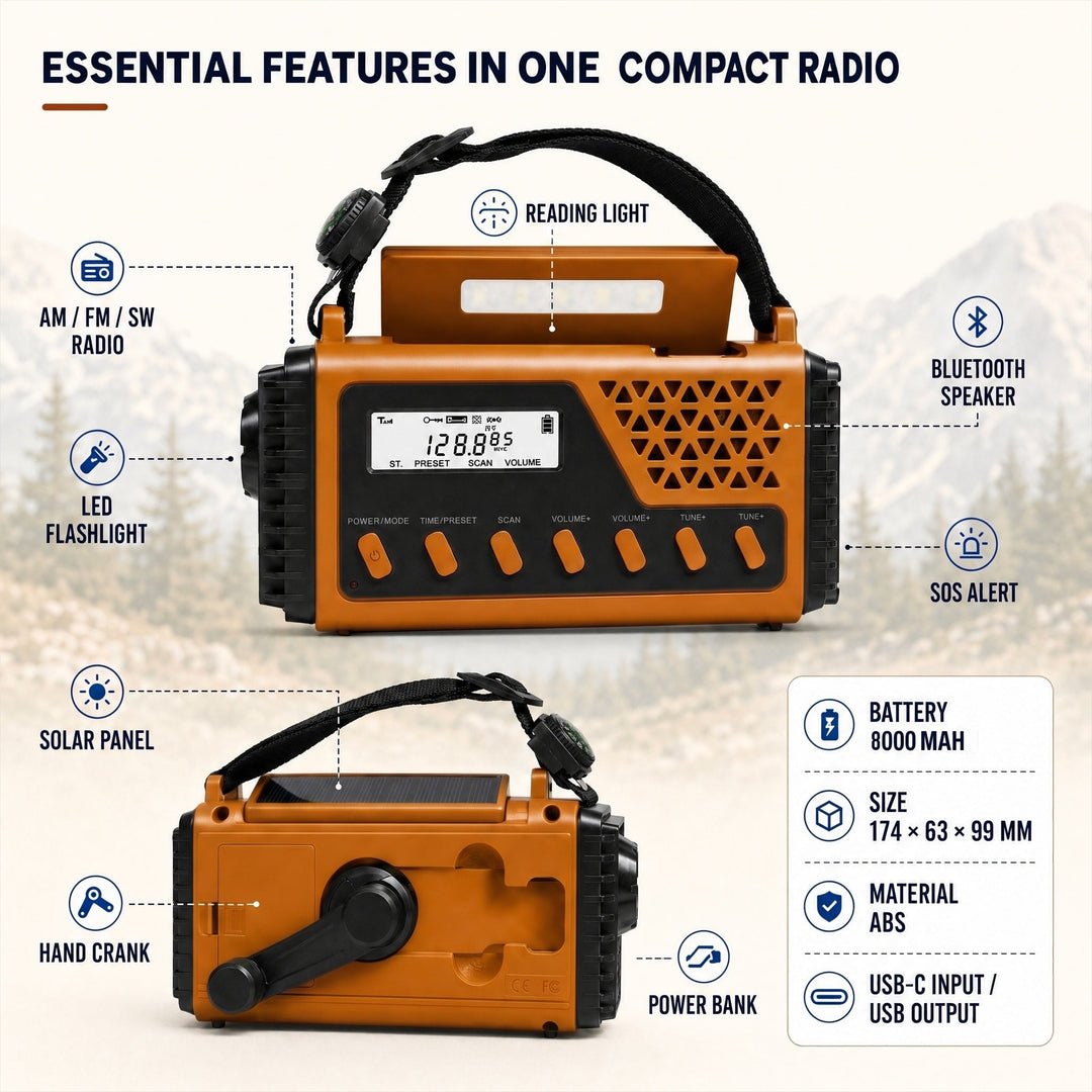 Radio features: AM FM SW bands, LED flashlight, reading light, Bluetooth speaker, SOS alert and 8000mAh battery